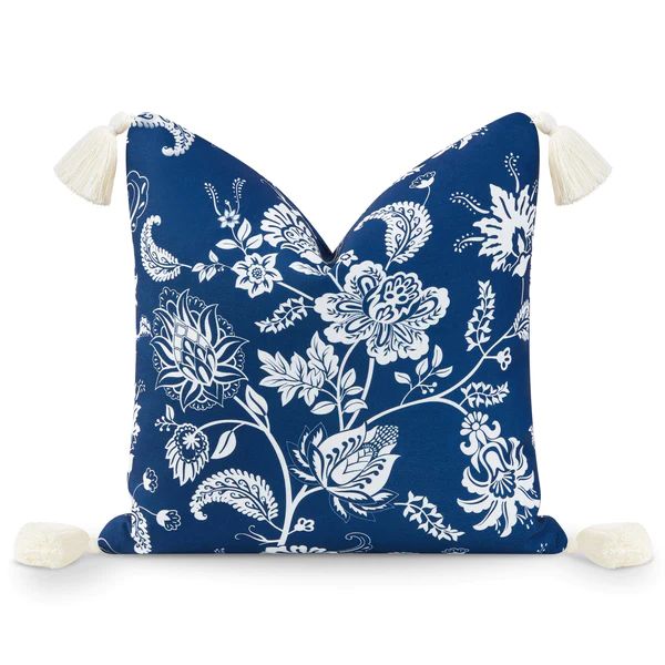 Coastal Hampton Style Indoor Outdoor Throw Pillow Cover, Floral Tassel, Navy Blue, 18"x18" | Hofdeco