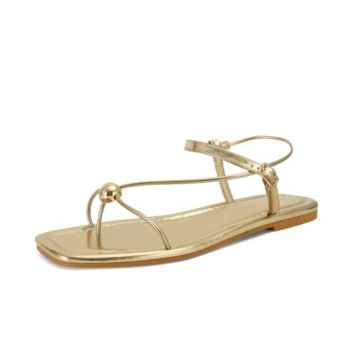 XBKXMK Gold Strappy Flat Sandals for Women Comfortable Dressy Summer Beach Thong Sandals Flip Flop Slide Sandal Size 10.5 | Amazon (US)