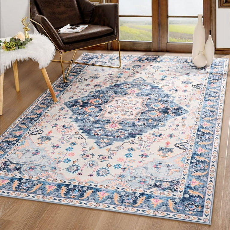 TWINNIS 4'X6' Area Rugs for Living Room Washable Rug Non-Slip Vintage Boho Carpet for Bedroom,Blu... | Walmart (US)