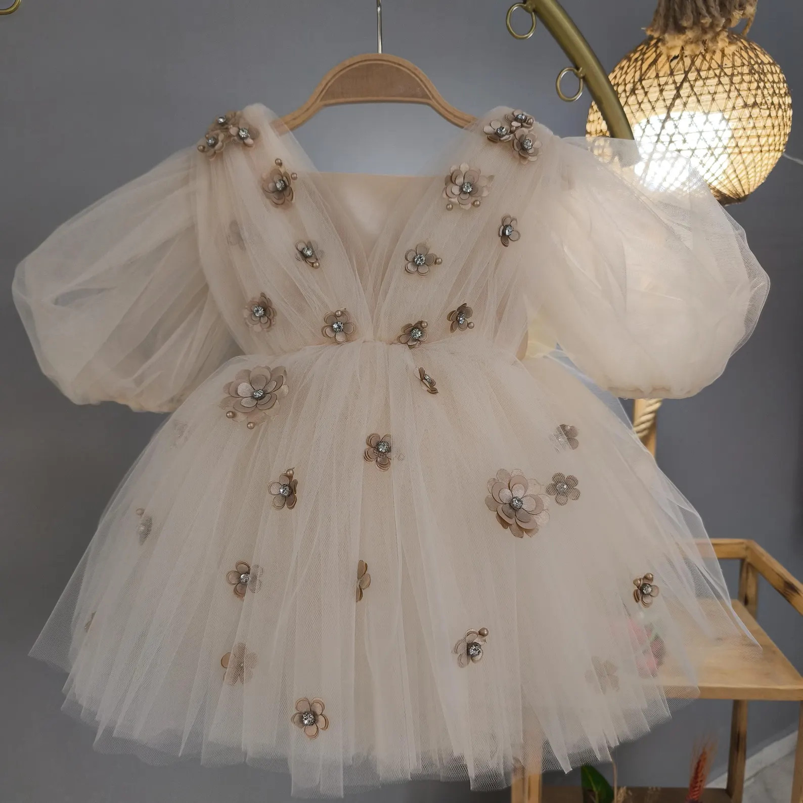 Handmade Beige Flower Girl Dress: 3D Floral Tulle, Big Bow - Etsy | Etsy (US)