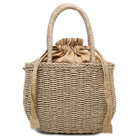 Women Summer Woven Straw Beach Bag Vintage Drawstring Closure Handbag Solid Color Bohemian Top Handl | Walmart (US)
