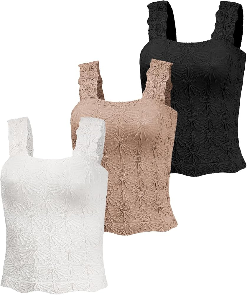 Women's Square Neck Tops Slim Fit Sleeveless Wide Strap Crop Tank Tops Lettuce Trim Crop Cami Top... | Amazon (US)