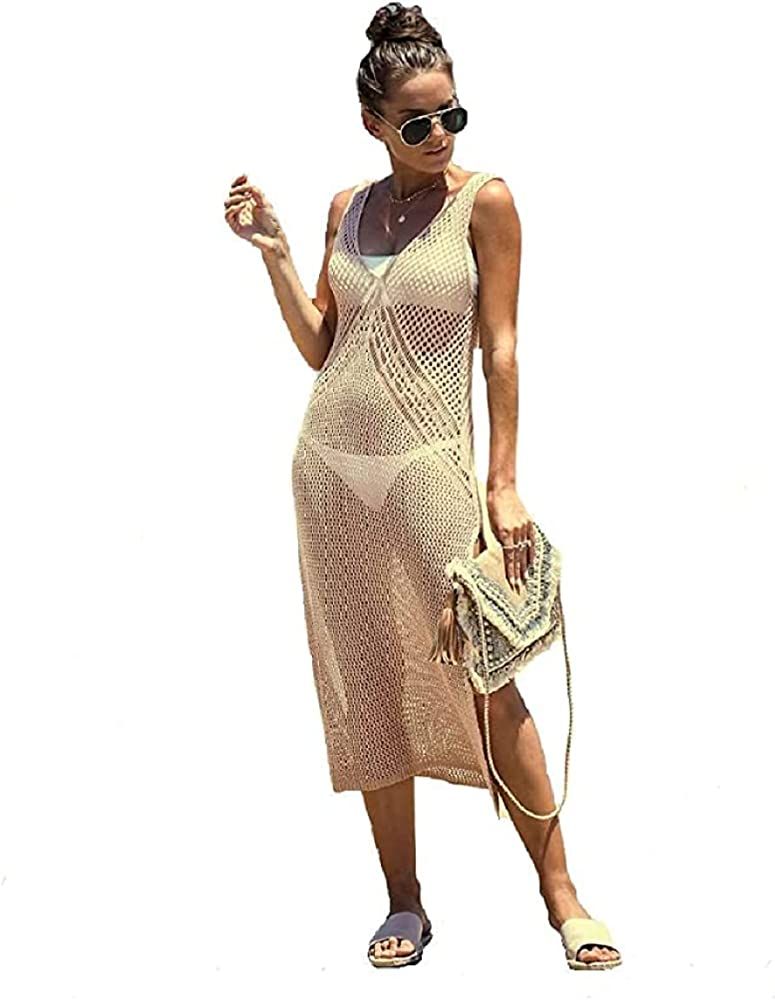 NFASHIONSO Womens Crochet V-Neck Sleeveless Cover Up Swimwear Bikini Long Maxi Beach Dress | Amazon (US)
