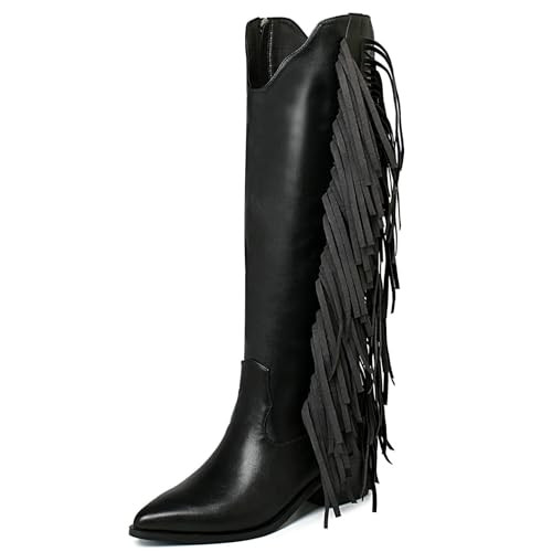 KiutSymo Cowgirl Fringe Boots For Women Knee High Boots Tassels Cowboy Boots Pointed Toe Chunky Heel Western Boots Black Size 7 | Amazon (US)
