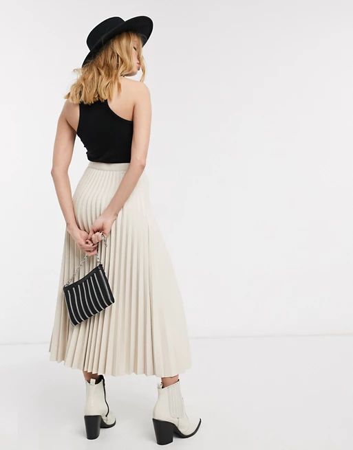 Topshop faux leather pleated midi skirt in cream | ASOS (Global)