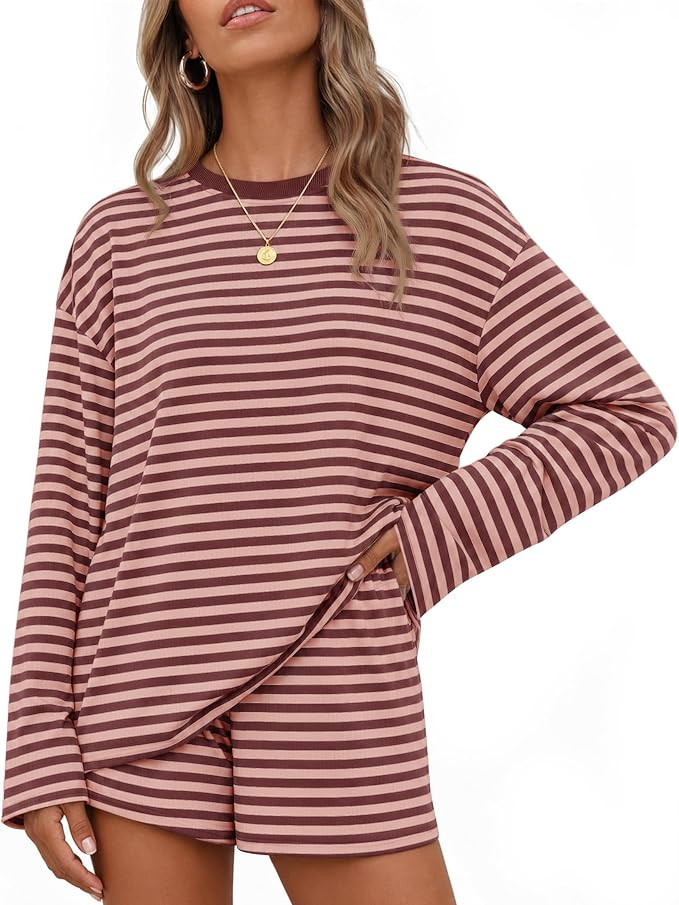 ZESICA Womens 2 Piece Striped Short Sets Fall Lounge Outfit | Long Sleeve Tops and Shorts, Loose ... | Amazon (US)