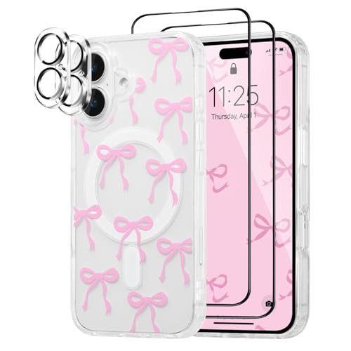UEEBAI Magnetic for iPhone 17 Case, Bow Case Compatible with MagSafe, 2-Pack [Screen Protector + Camera Lens Protector], Wireless Clear Slim Cover Protective Cover for Women Girl - Pink | Amazon (US)