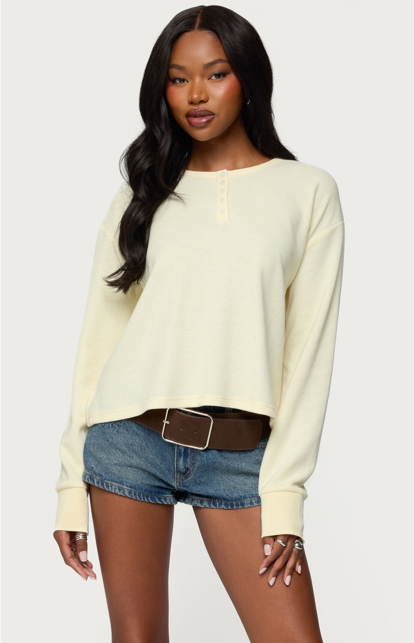 Edikted Women's Deni Long Sleeve Henley Waffle Top in Yellow - Size XS | PacSun