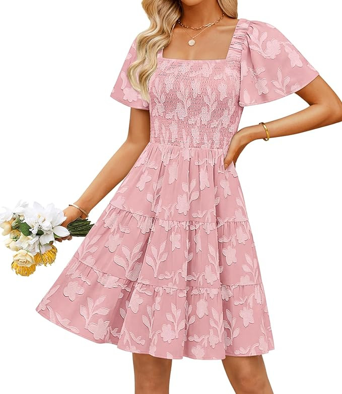 ZESICA Women's Summer Boho Floral Mini Dress 2026 Casual Short Sleeve Square Neck Swing Beach Vac... | Amazon (US)