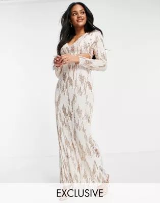 Jaded Rose exclusive sequin plunge maxi dress in cream and rose gold | ASOS (Global)