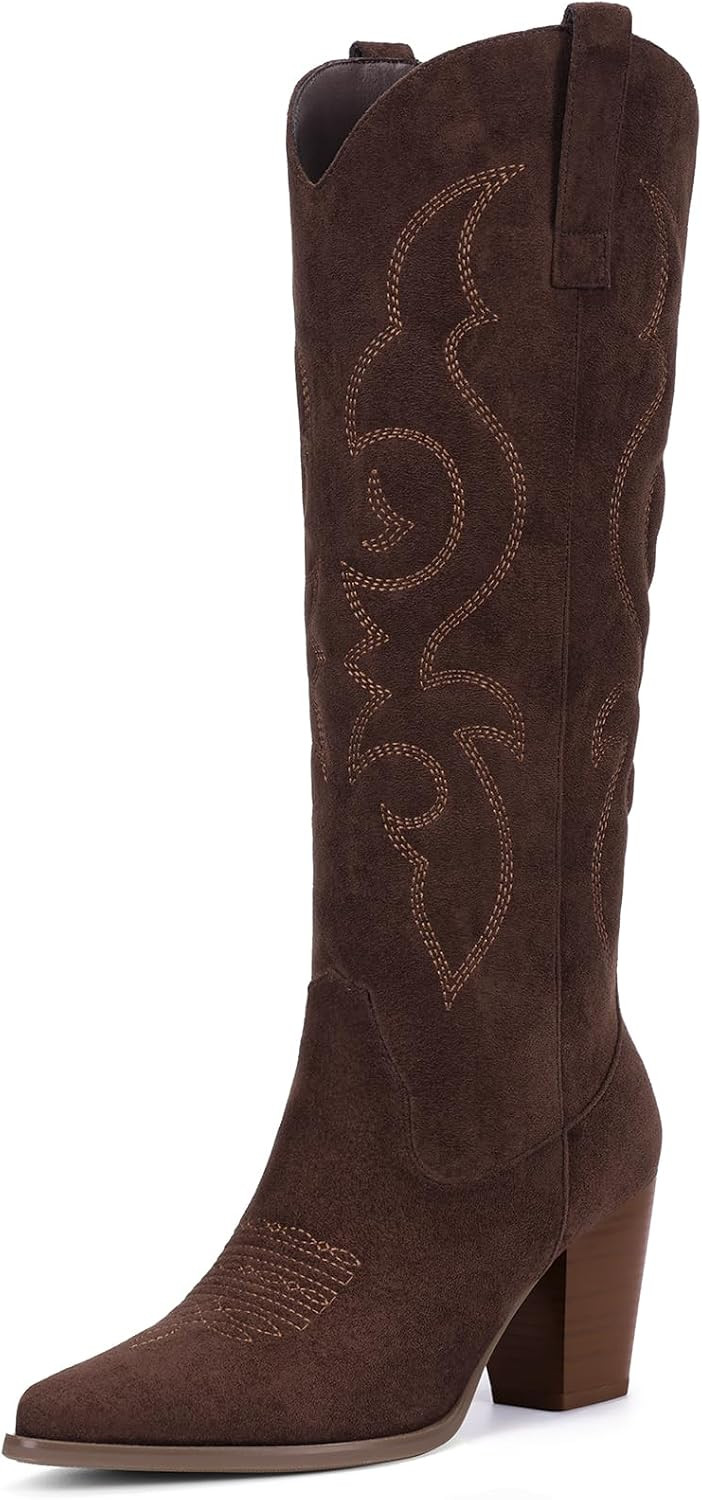 Suede Cowboy Boots for Women - Western Knee High Cowgirl Boots with Side Zipper, Retro Pointed Toe Tall Block Heel Pull On Long Boot for Ladies Fall Winter Rodeos Concert Festival Daily | Amazon (US)