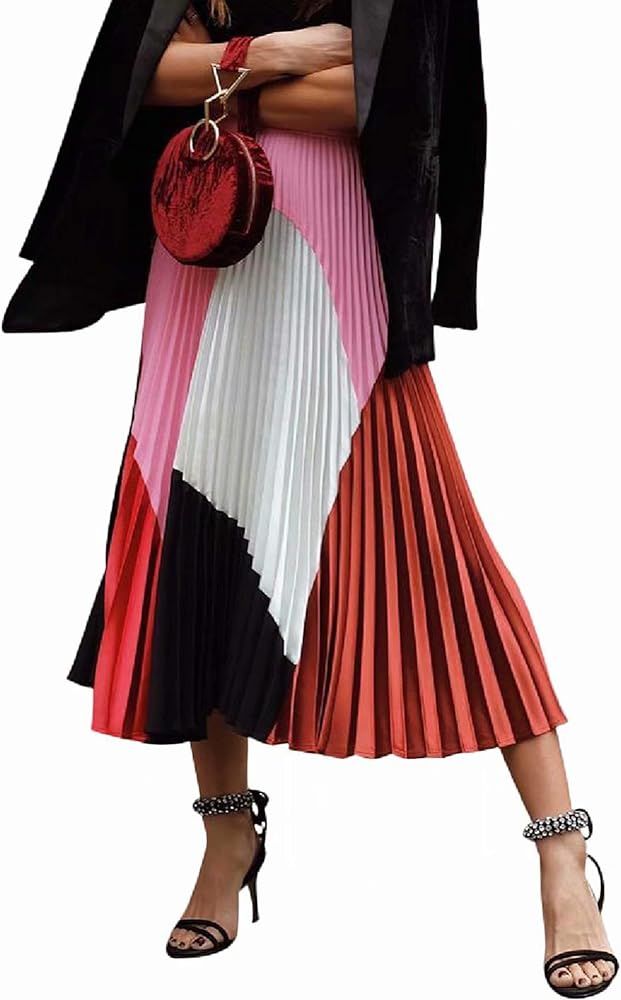 ThusFar Women's Graffiti Pleated Skirts Cartoon Printed Elastic Waist A-Line Swing Midi Skirt | Amazon (US)