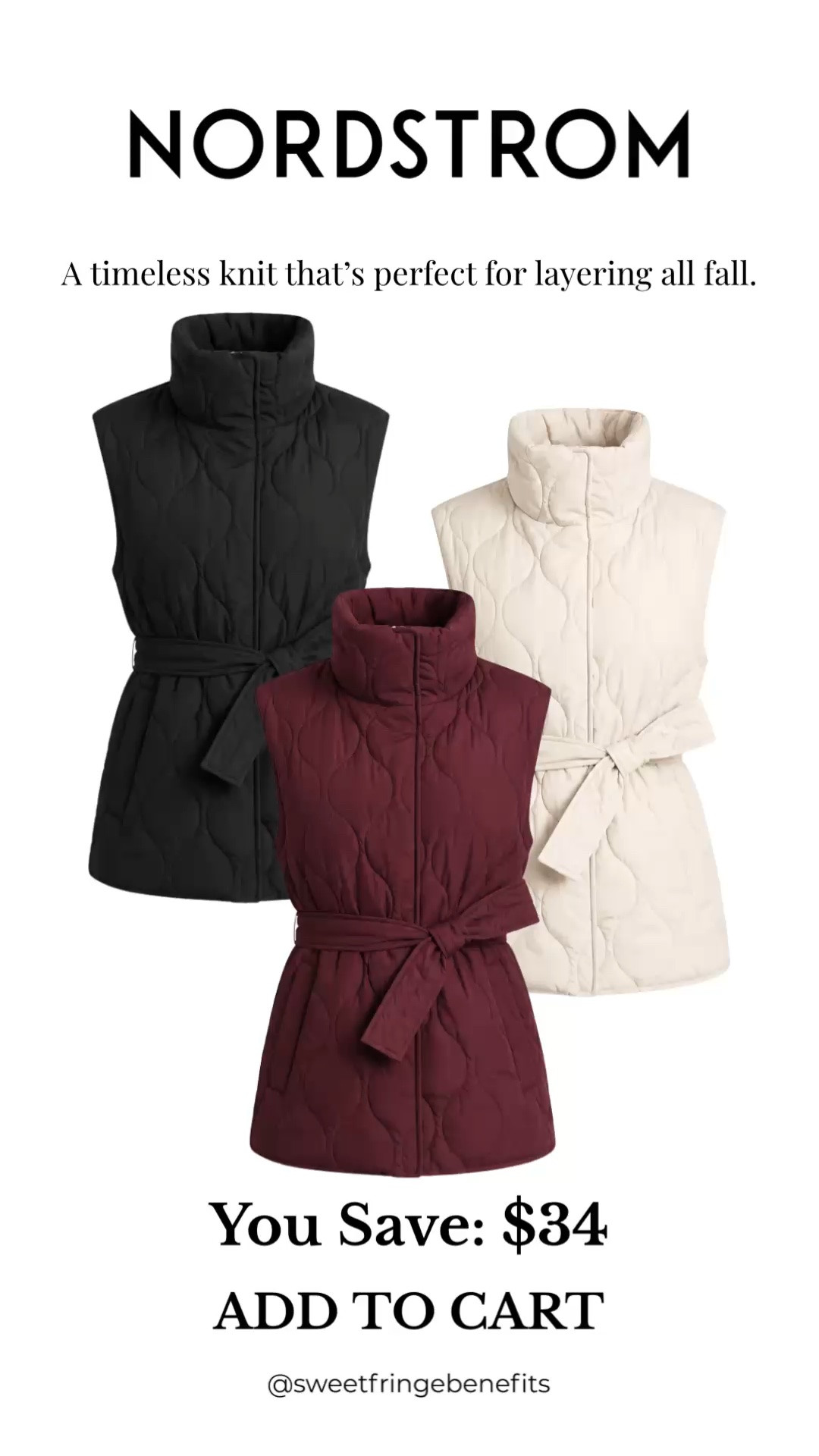 This quilted knit vest is the perfect layering piece for fall. The belted waist creates a flattering fit, and it's now $34 off in black, ivory, and burgundy.

💡 LTK MADE EASY
❤️ Heart = Support my posts!
🔖 Save = Get sale & restock alerts
📋 Lists = Keep favorites organized
📲 Share = Send lists and products to a friend. Hello, Christmas List!
💬 Comment = Ask me anything about what I'm wearing.:-)

#LTKSaleAlert #LTKOver40 #LTKSeasonal