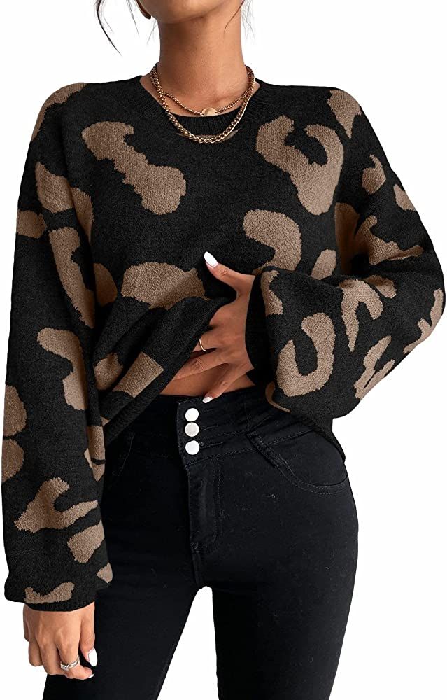 Floerns Women's Printed Long Sleeve Crew Neck Knitted Regular Fit Sweater Top | Amazon (US)