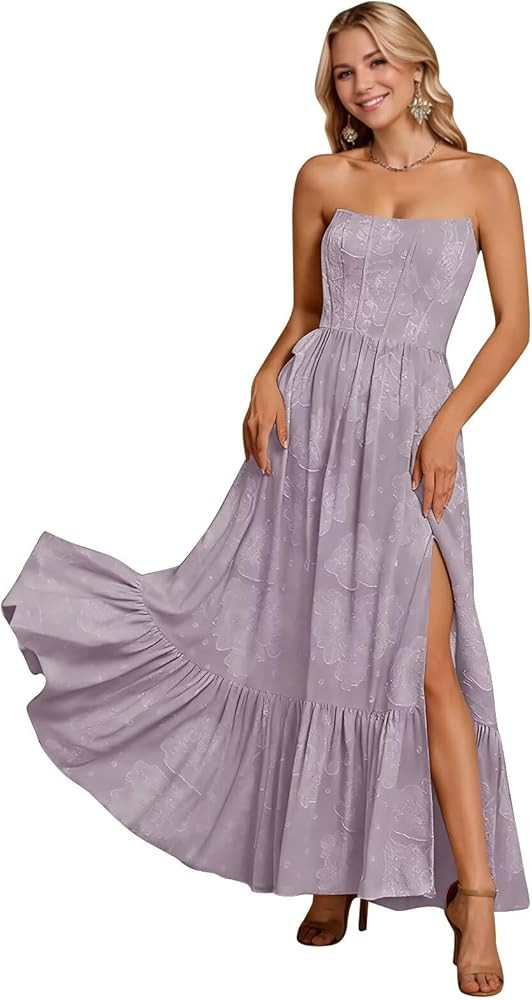 Monlity Jacquard Cocktail Dresses Midi Strapless Front Slit Prom Dress A Line Formal Evening Gown... | Amazon (US)