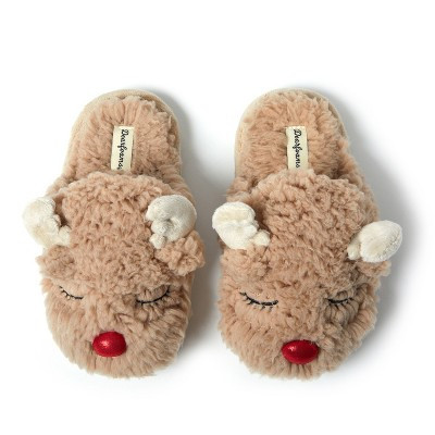 Dearfoams Kid's Holiday Christmas Reindeer Scuff Slipper - Latte Size 9-10 | Target