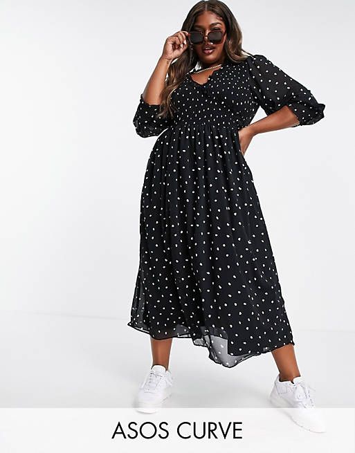 ASOS DESIGN Curve midi smock dress with shirred cuffs in mono spot print | ASOS (Global)