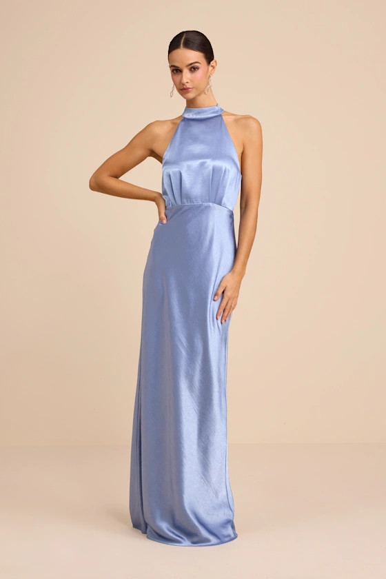 Sevinia Slate Blue Satin Mock Neck Sleeveless Maxi Dress | Lulus