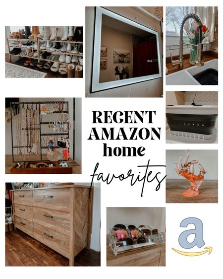 Recent amazon home purchases! Affordable home decor + organizing. Wood dresser, pink acrylic hand ring holder, earring necklace and bracelet holder, sunglasses display stand, gold kitchen sink faucet, led defog mirror, bamboo shoe rack and collapsible laundry basket. 

#LTKhome #LTKSale #LTKFind