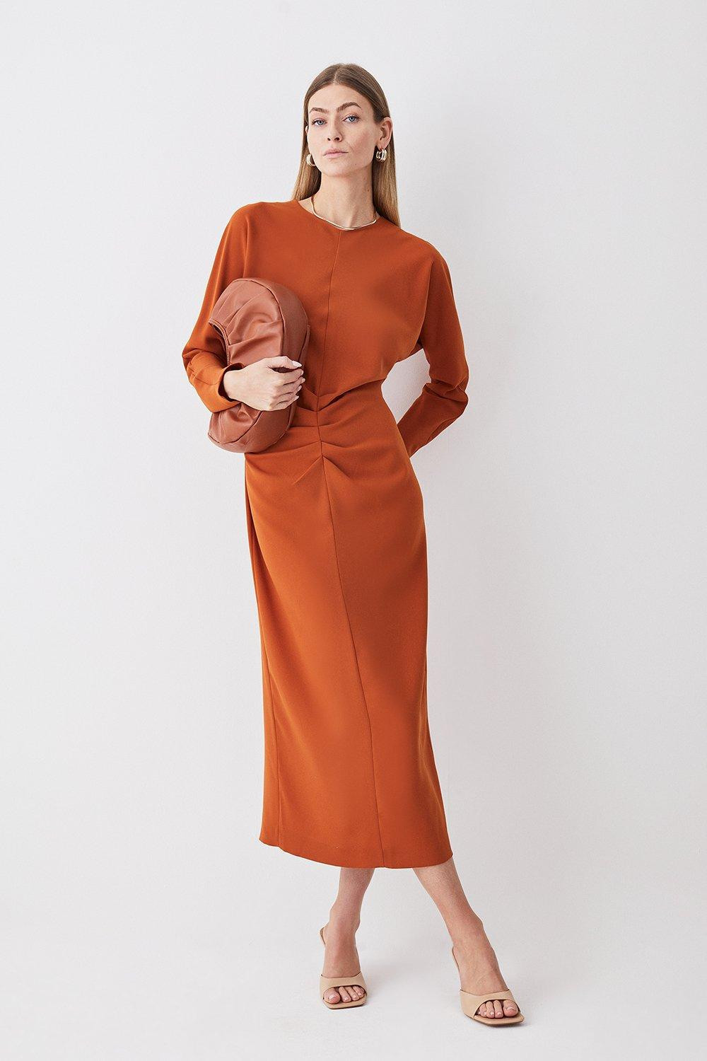 Ruched Crepe Rounded Sleeve Midi Dress | Karen Millen UK + IE + DE + NL
