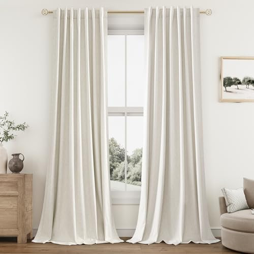 Guken Cream Linen Blackout Curtains 132 Inch Length 2 Panels Set for Living Room Bedroom Back Tab Thermal Insulated 100% Black Out Linen Drapes Room Darkening Window Curtains Ivory Natural | Amazon (US)