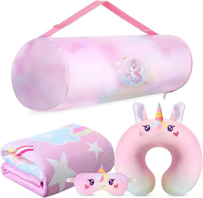 4 Pcs Unicorn Travel Pillow and Blanket Set for Kids Unicorn Airplane Blanket Memory Foam Neck Pi... | Amazon (US)