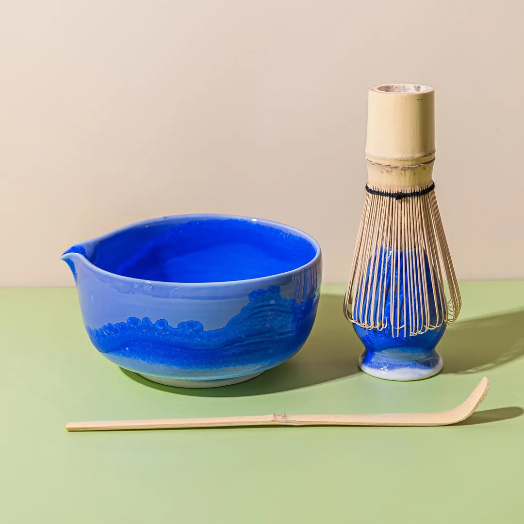 Handmade Blue Ceramic Matcha Bowl Set With Bamboo Whisk and Chasen Holder White Matcha Ceremonial... | Etsy (US)