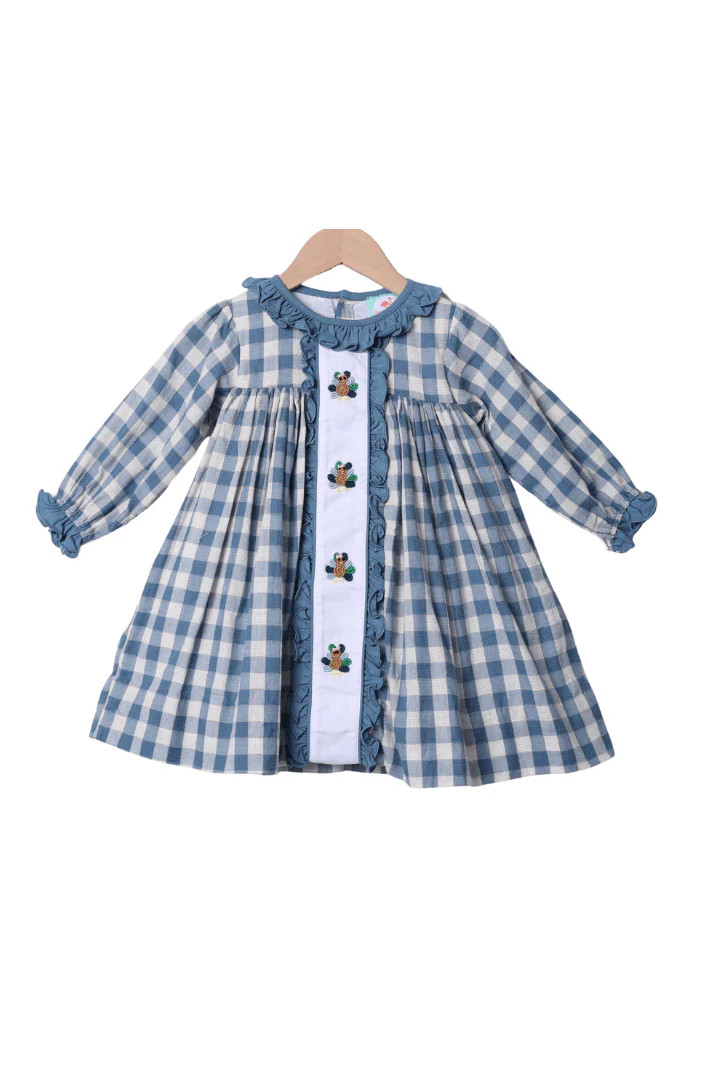 Bullion Turkey Stone Blue Gingham Ruffle Dress | The Smocked Flamingo