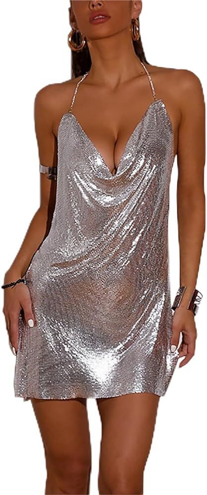 Women Sexy Metallic Sequins Mini Dress Sparkle Sleeveless Deep V Halter Neck Backless Slit Mesh B... | Amazon (US)
