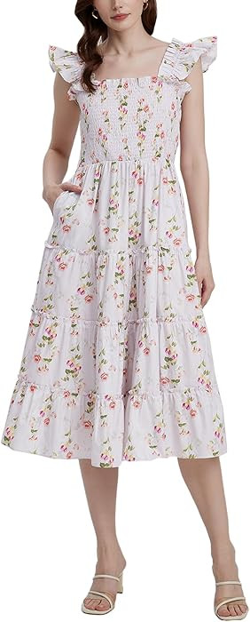 Women's Floral Smocked Midi Dress Square Neck Ruffle Strap Sleeveless Flowy A-Line Long Beach Sun... | Amazon (US)