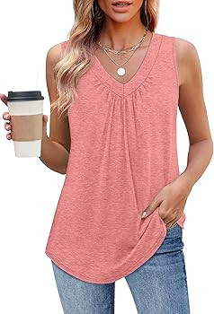 OFEEFAN Tank Top for Women Loose Fit Sleeveless Shirts V Neck Summer Clothes Ruched Women's Tees ... | Amazon (US)