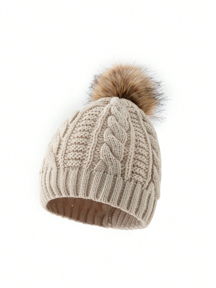 1pc Women's Autumn Winter Cable Knit Beanie With Pom-pom, Perfect For Winter Outfit | SHEIN