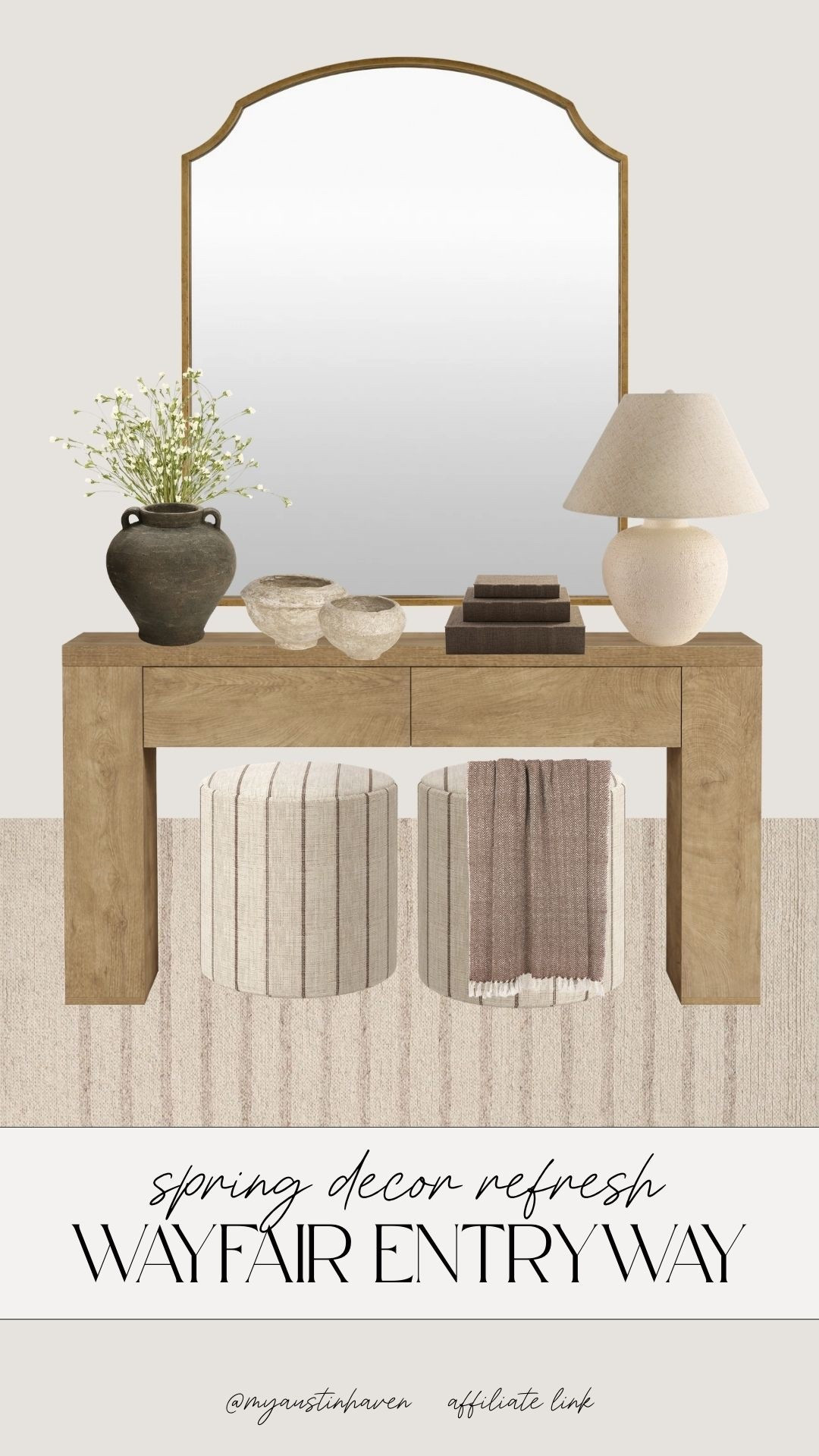 Spring entryway refresh all from Wayfair. 🌿 Warm wood tones, soft neutrals and classic styling for a clean, elevated first impression.

Wayfair entryway table, arched brass mirror, neutral console styling, modern traditional decor, striped ottoman stool, textured table lamp, ceramic vase decor, layered neutral rug, warm wood console, spring home refresh, timeless entry styling, modern, classic transitional home decor, McGee style, front door, styled inspo. 

#LTKspring #LTKSpringSale 

#LTKHome #LTKSaleAlert