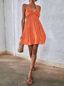 SHEIN VCAY Shirred Backless Halter Neck Dress SKU: sw2205262767206727(100+ Reviews)Trending - Boh... | SHEIN