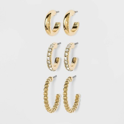 Gem and Ridged Hoop Earring Set 3pc - A New Day™ Gold: Nickel-Free Metal, Post Closure | Target