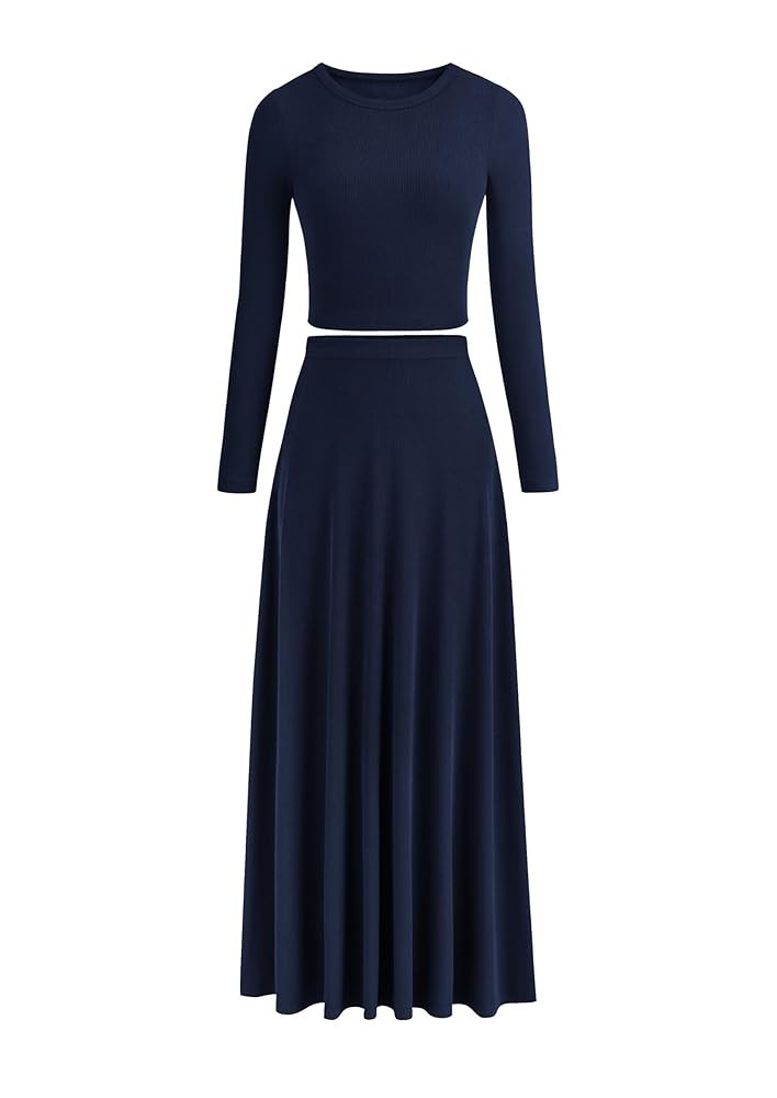 PRETTYGARDEN Women Fall Spring 2 Piece Outfits Dressy Casual Ribbed Knit Long Sleeve Crop Top Max... | Amazon (US)