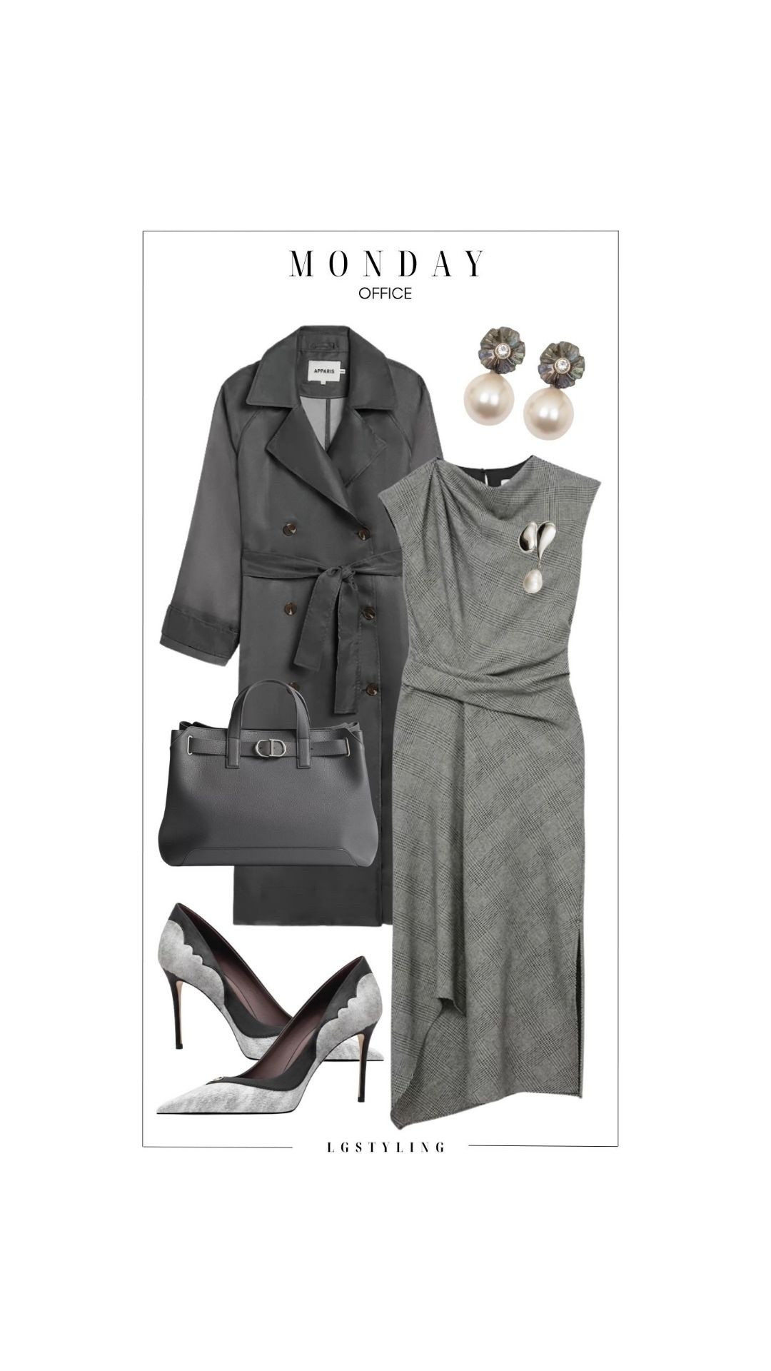 Monday — Office

Starting the week polished. A grey draped dress and classic trench create a strong monochromatic base, while pearl details and statement pumps keep it from feeling too corporate. The kind of office look that does all the work for you. #Workwear #OfficeStyle #WhatToWear #PersonalStyle