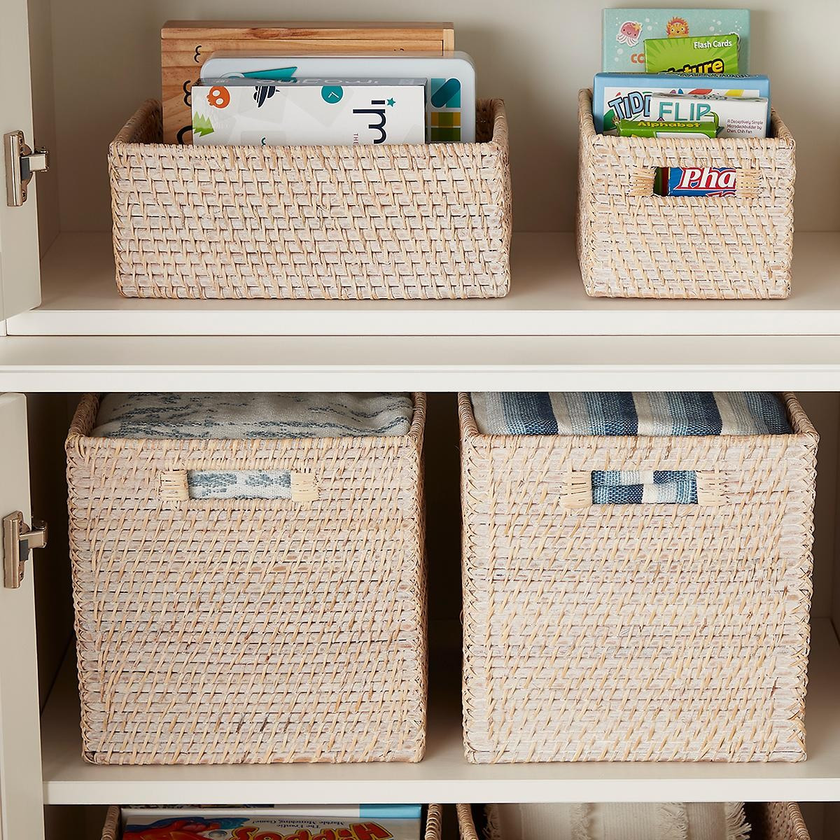 Small Rattan Cube w/ Handles Whitewash | The Container Store