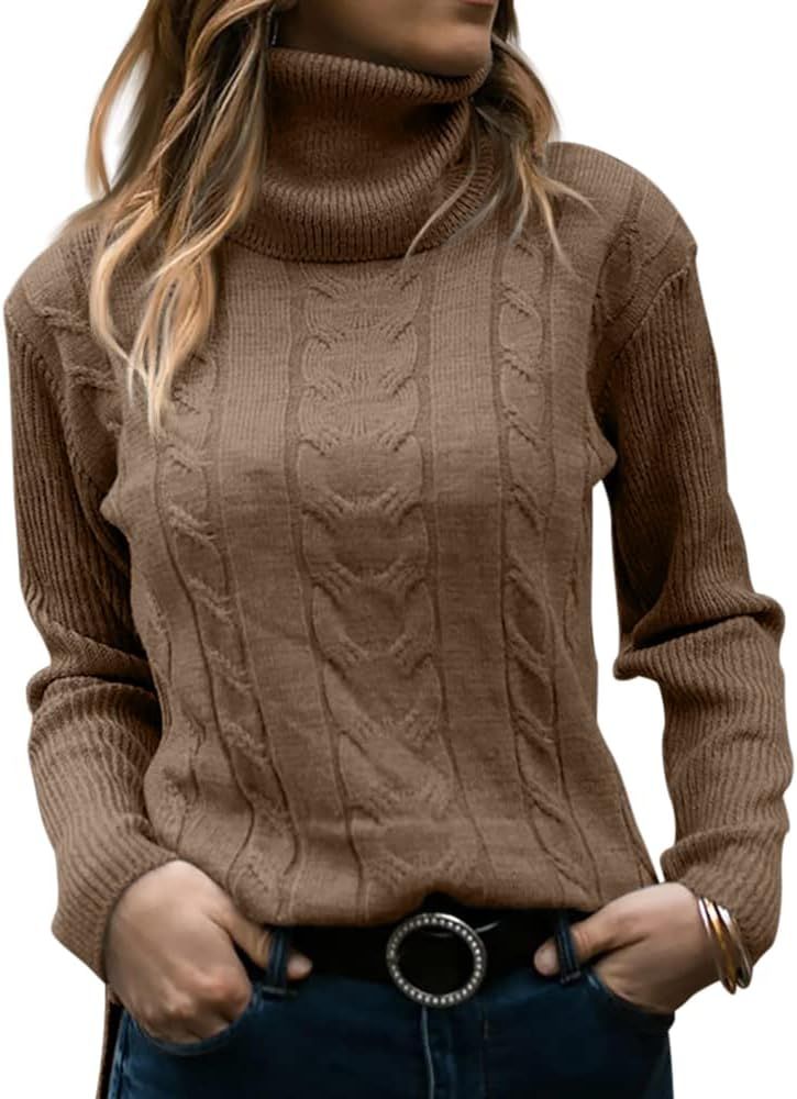 Womens Turtleneck Sweaters Long Sleeve Pullover Cable Knit Sweaters Soft Jumper | Amazon (US)