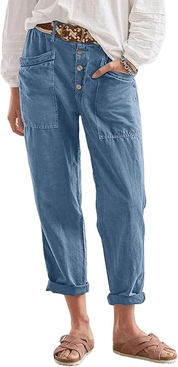 EVALESS Casual Pants for Women Trendy Elastic High Waisted Button Down Pants Straight Leg Loose C... | Amazon (US)