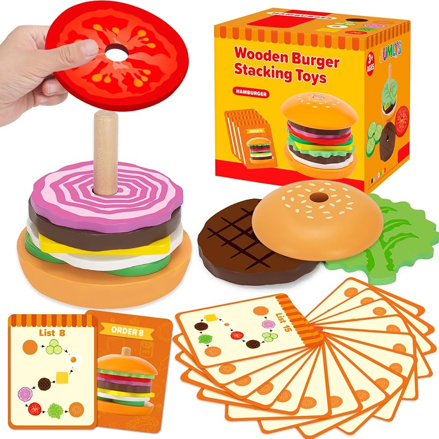 Jumlys Montessori Wooden Burger Stacking Toys for 2, 3, 4, 5 Year Olds, Fine Motor Toys for Kids ... | Amazon (US)