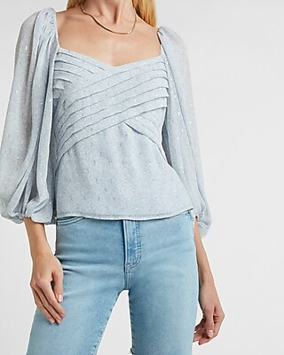 Metallic Clip Dot Pleated Balloon Sleeve Wrap Top | Express