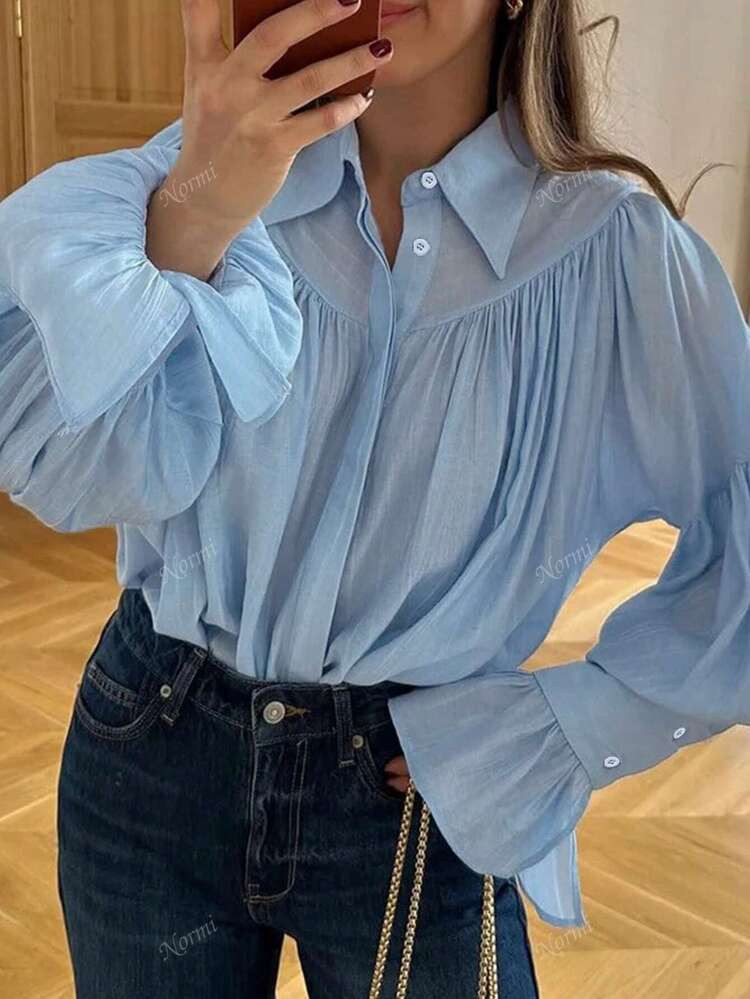 Women's Loose Fit Ruched Collar Long Sleeve Casual Pleated Shirt, Solid Color Polyester | SHEIN