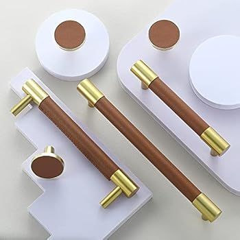 ToPToToo Leather Cabinet Handles, 5 Inch Hole Center Gold Drawer Pulls, 4 Pack Brown Leather Draw... | Amazon (US)