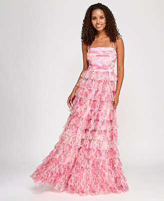 Juniors' Floral Ruffle-Tiered Straight-Neck Gown, Created for Macy's | Macy's