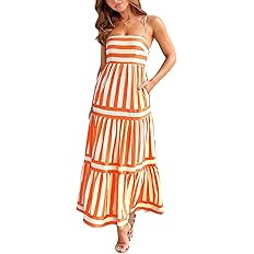 chouyatou Women Spaghetti Strap Back Smocked Maxi Striped Dress Summer Casual Floral Flowy Beach ... | Amazon (US)