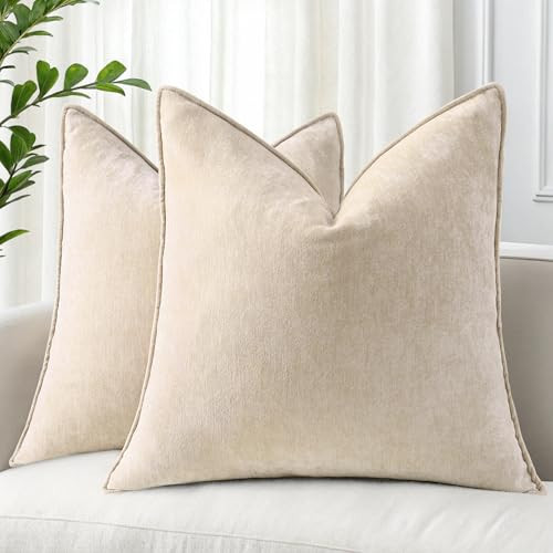 decorUhome Spring Couch Throw Pillow Covers 20x20 Set of 2, Decorative Soft Chenille Pillow Covers with Elegant Design for Sofa Bed Living Room Home Decor, Beige | Amazon (US)