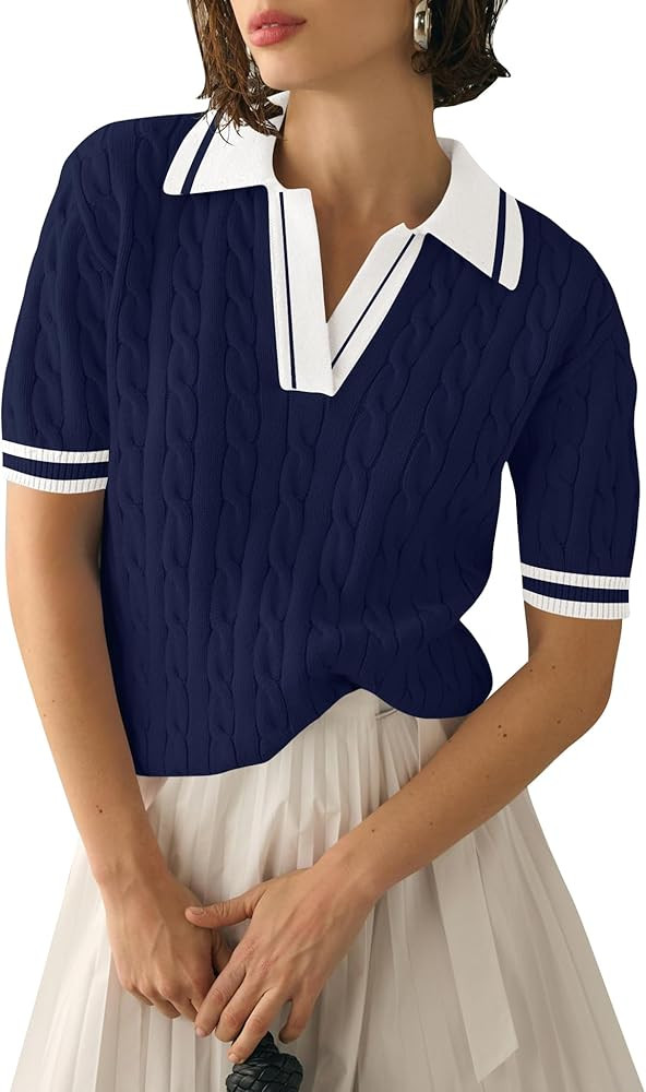 Micoson Womens Short Sleeve Sweater Tops Lapel V Neck Loose Shirts 2025 Summer Cable Knit Busines... | Amazon (US)