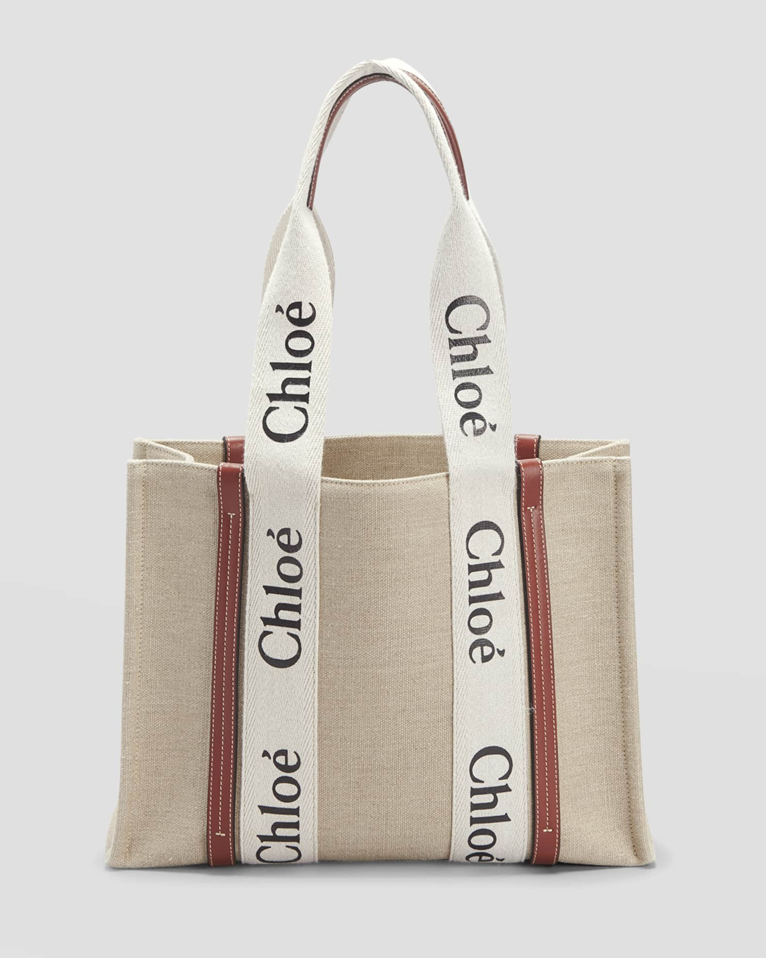 Chloe Woody Medium Linen Leather Tote Bag | Neiman Marcus