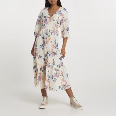 Cream long sleeve floral smock dress | River Island (UK & IE)